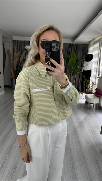 BEYAZ ÇİZGİLİ YEŞİL CROP GÖMLEK