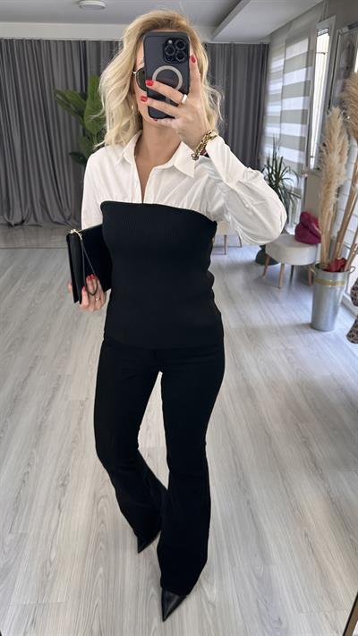 BEYAZ GÖMLEK DETAYLI, SİYAH TRİKO BLUZ