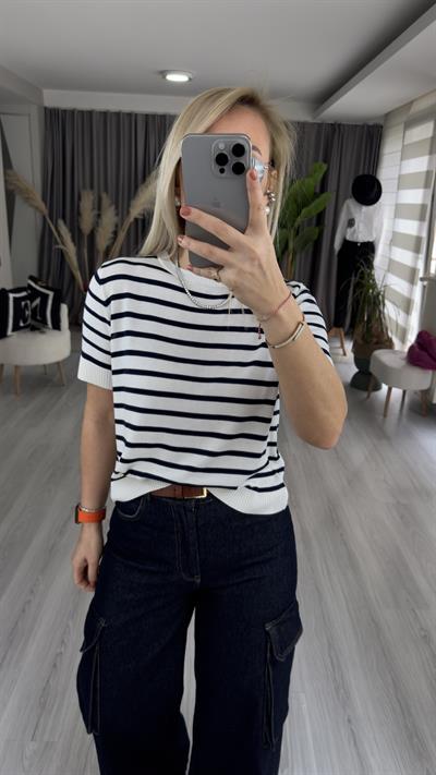 BEYAZ LACİVERT ÇİZGİLİ MERSERİZE TRİKO