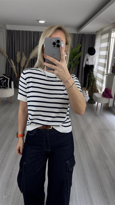 BEYAZ LACİVERT ÇİZGİLİ MERSERİZE TRİKO