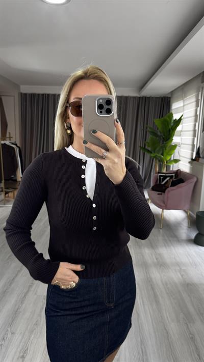 Bisiklet Yaka Düğme Detaylı Acı Kahve Dilvin Triko