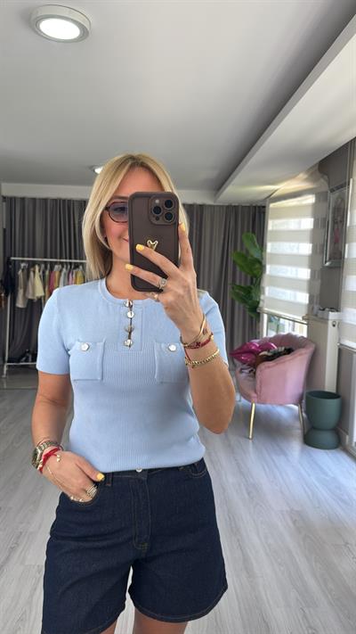 Bisiklet Yaka Düğme Detaylı Mavi Triko Bluz