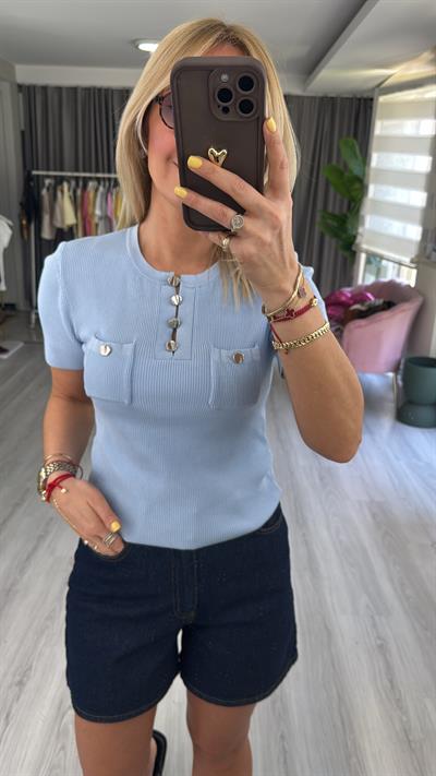 Bisiklet Yaka Düğme Detaylı Mavi Triko Bluz