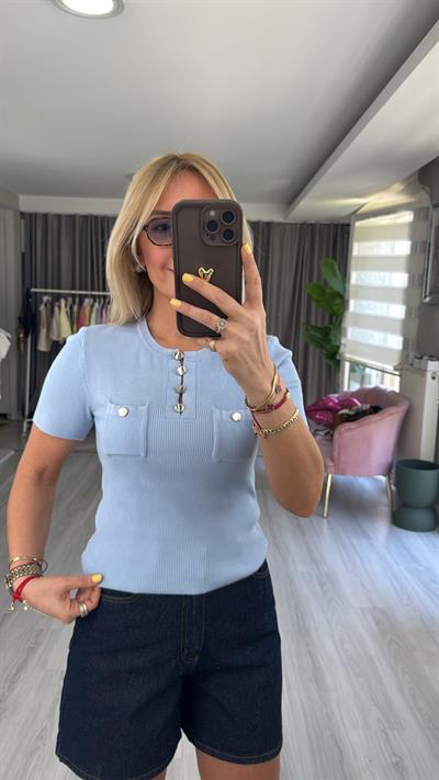 Bisiklet Yaka Düğme Detaylı Mavi Triko Bluz