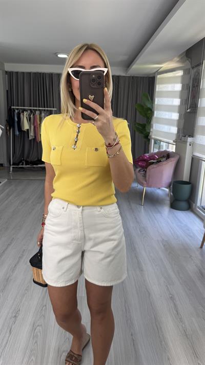 Bisiklet Yaka Düğme Detaylı Sarı Triko Bluz