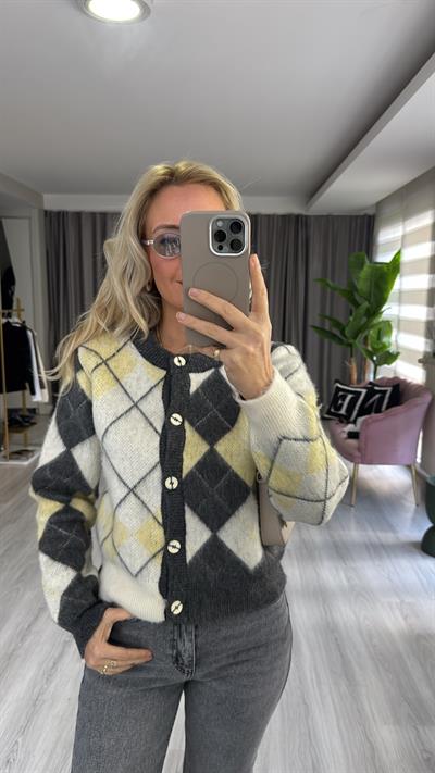 Bisiklet Yaka Gri Sarı Baklava Desen Triko Hırka