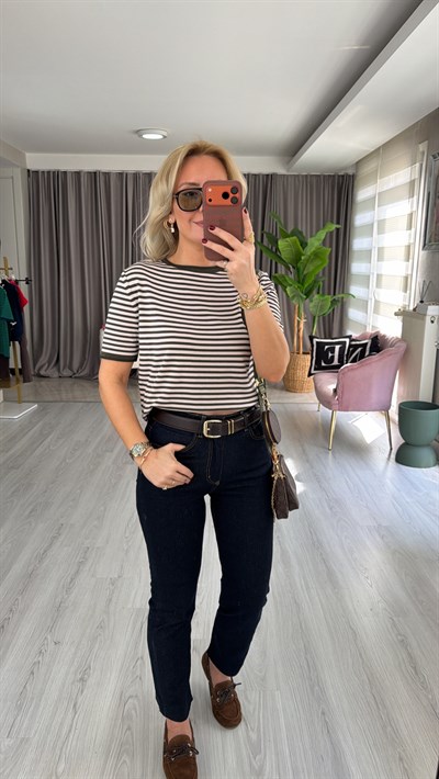 Bisiklet Yaka Haki Bej Çizgili İpek Doku Yarım Kol Triko