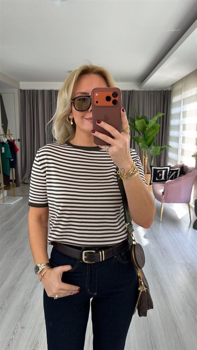 Bisiklet Yaka Haki Bej Çizgili İpek Doku Yarım Kol Triko