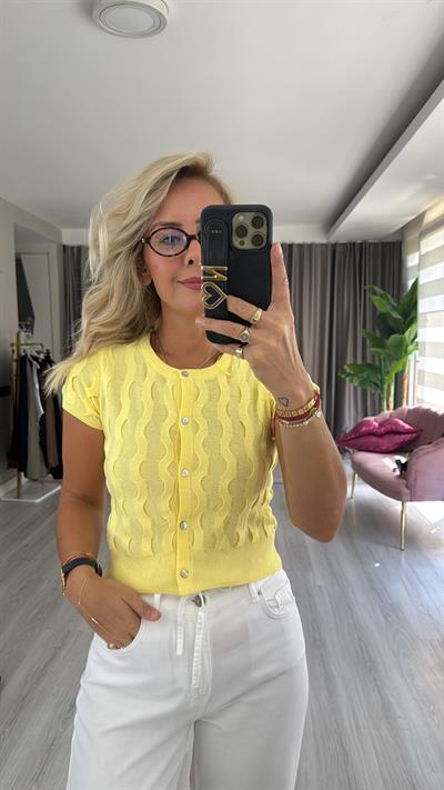 Bisiklet Yaka İnce Dokulu Kısa Kol Sarı Triko