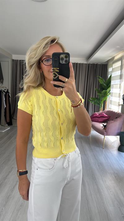 Bisiklet Yaka İnce Dokulu Kısa Kol Sarı Triko