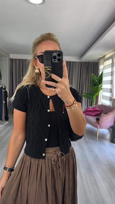 Bisiklet Yaka İnce Dokulu Kısa Kol Siyah Triko