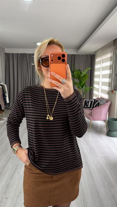 Bisiklet Yaka Kahverengi Siyah Çizgili İpek Doku Triko