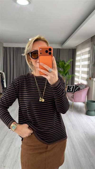 Bisiklet Yaka Kahverengi Siyah Çizgili İpek Doku Triko