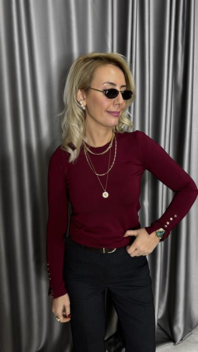 Bisiklet Yaka Kolu Gold Düğmeli Bordo Triko
