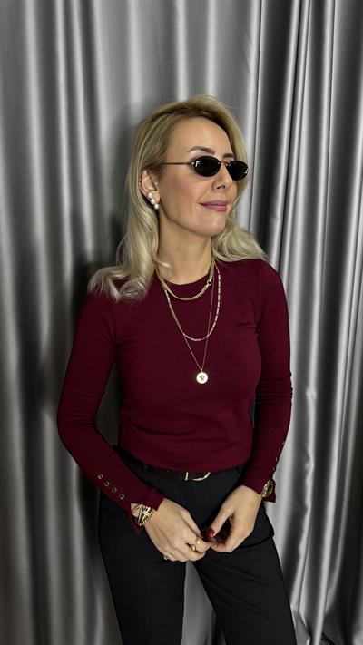 Bisiklet Yaka Kolu Gold Düğmeli Bordo Triko