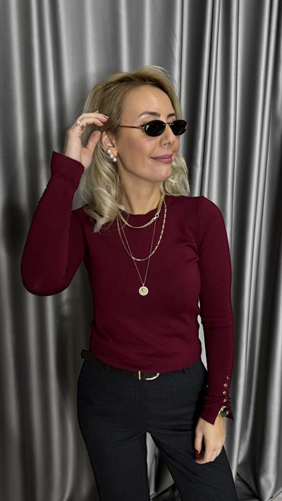 Bisiklet Yaka Kolu Gold Düğmeli Bordo Triko