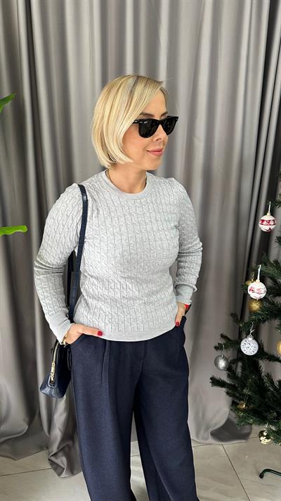 BİSİKLET YAKA SAÇ ÖRGÜLÜ GRİ KAZAK