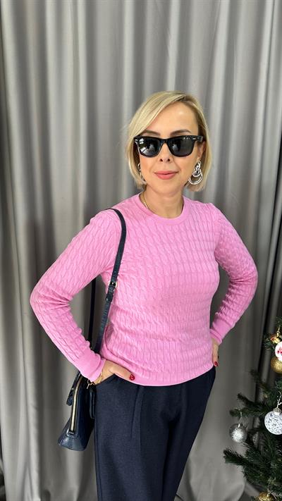 BİSİKLET YAKA SAÇ ÖRGÜLÜ PEMBE KAZAK