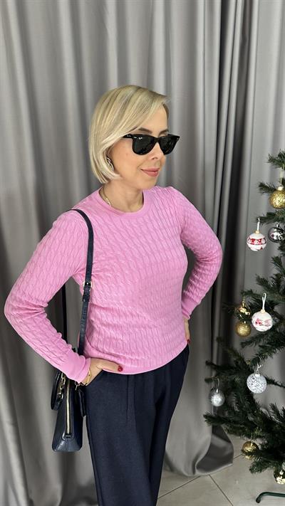 BİSİKLET YAKA SAÇ ÖRGÜLÜ PEMBE KAZAK