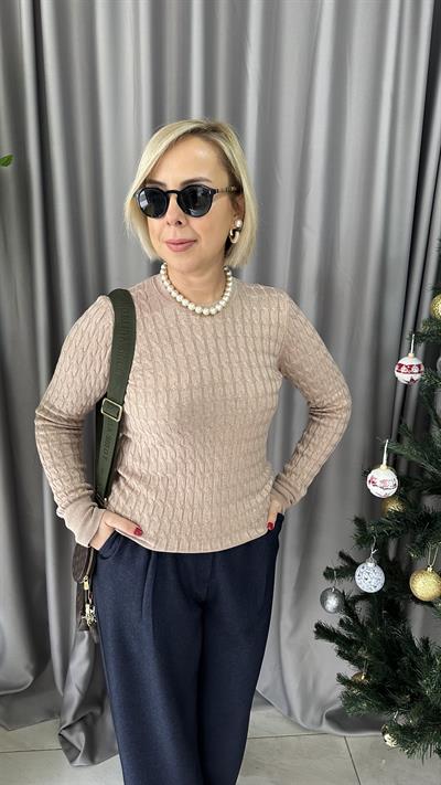 BİSİKLET YAKA SAÇ ÖRGÜLÜ VİZON KAZAK