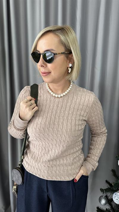 BİSİKLET YAKA SAÇ ÖRGÜLÜ VİZON KAZAK