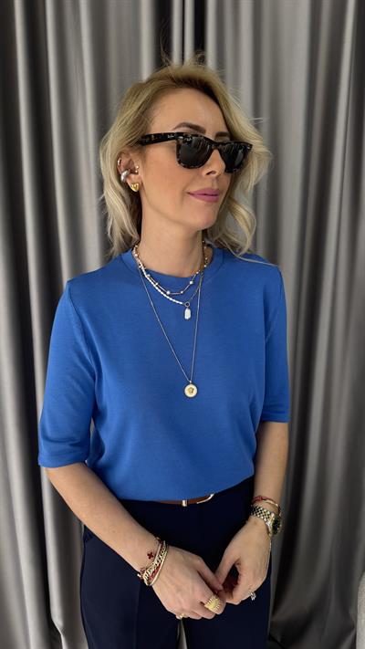 Bisiklet Yaka Tiril Dokuda Mavi Triko