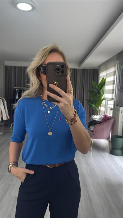 Bisiklet Yaka Tiril Dokuda Mavi Triko