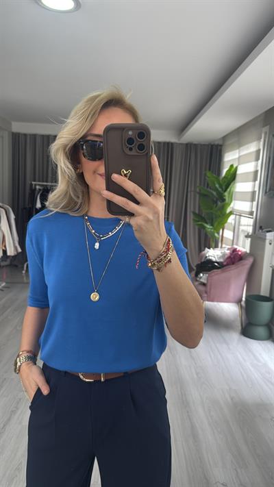 Bisiklet Yaka Tiril Dokuda Mavi Triko