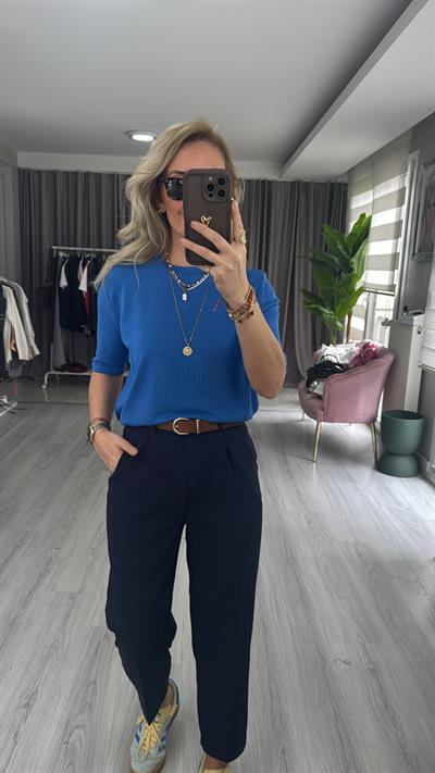 Bisiklet Yaka Tiril Dokuda Mavi Triko