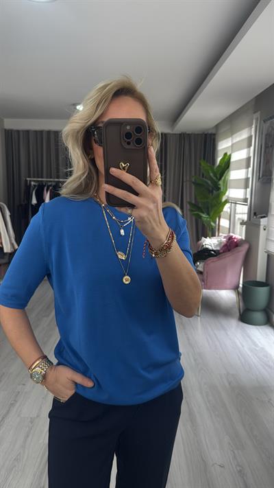 Bisiklet Yaka Tiril Dokuda Mavi Triko