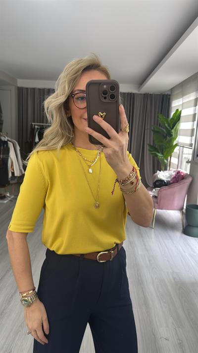 Bisiklet Yaka Tiril Dokuda Sarı Triko