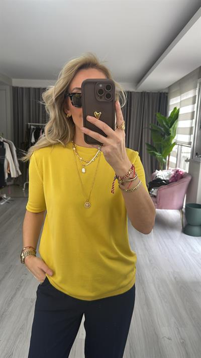 Bisiklet Yaka Tiril Dokuda Sarı Triko
