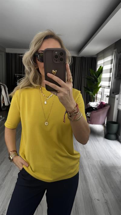 Bisiklet Yaka Tiril Dokuda Sarı Triko
