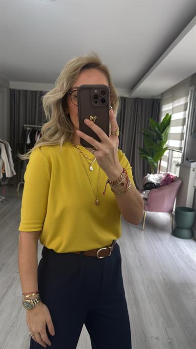 Bisiklet Yaka Tiril Dokuda Sarı Triko