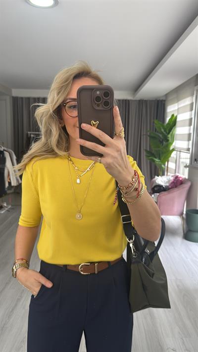 Bisiklet Yaka Tiril Dokuda Sarı Triko