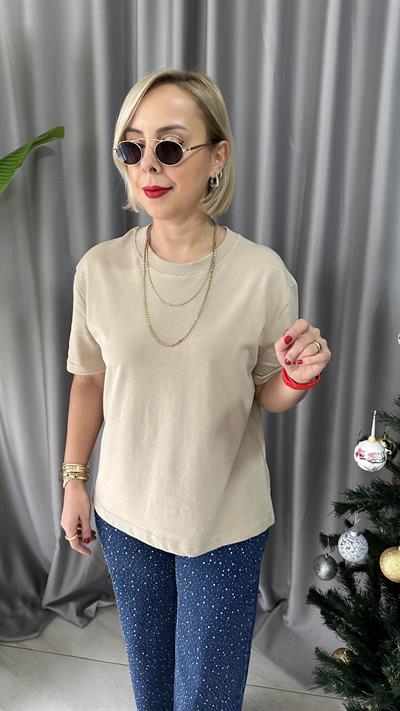 BİSİKLET YAKA TOK DOKUDA BEJ TİŞÖRT