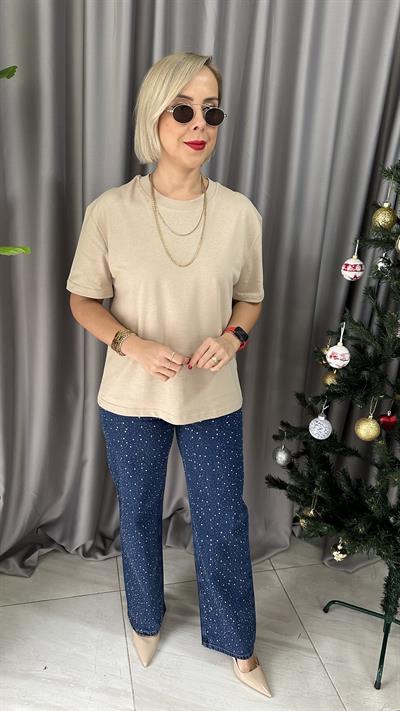 BİSİKLET YAKA TOK DOKUDA BEJ TİŞÖRT