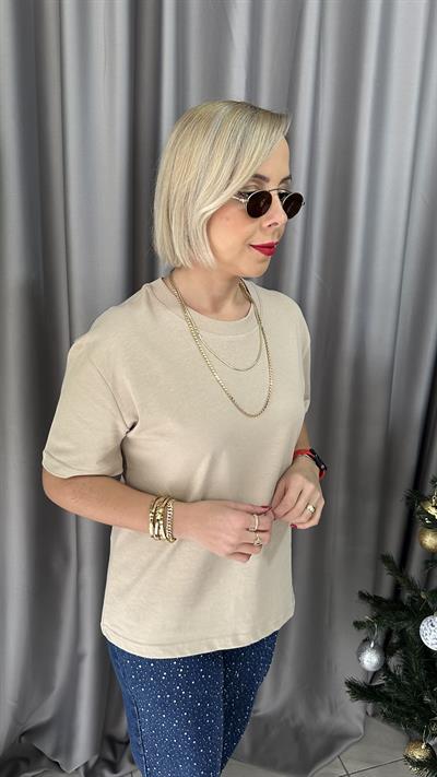 BİSİKLET YAKA TOK DOKUDA BEJ TİŞÖRT