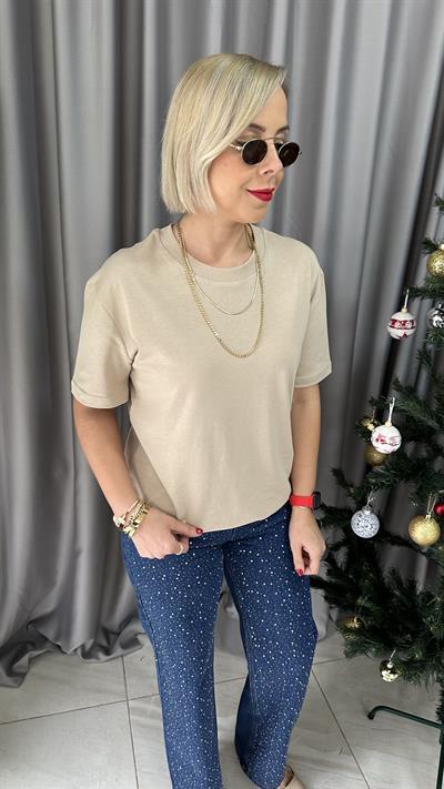 BİSİKLET YAKA TOK DOKUDA BEJ TİŞÖRT