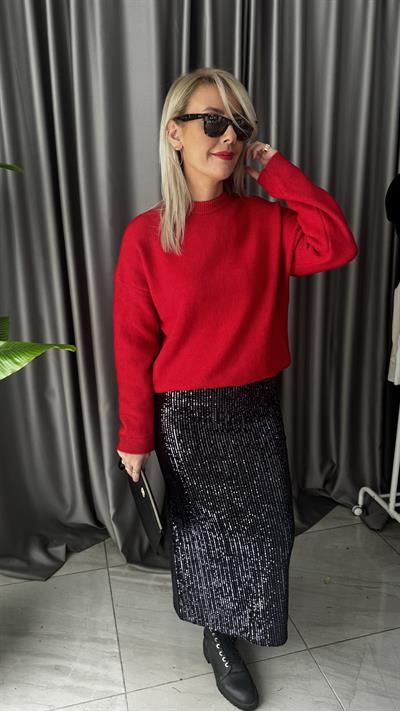 Bisiklet Yaka Yumuşacık Dokulu Kırmızı Triko