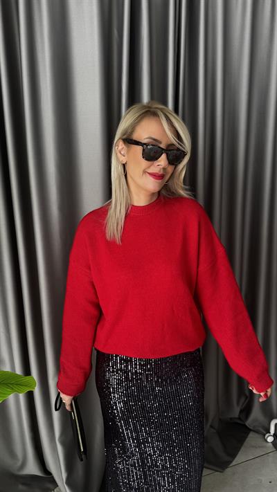 Bisiklet Yaka Yumuşacık Dokulu Kırmızı Triko