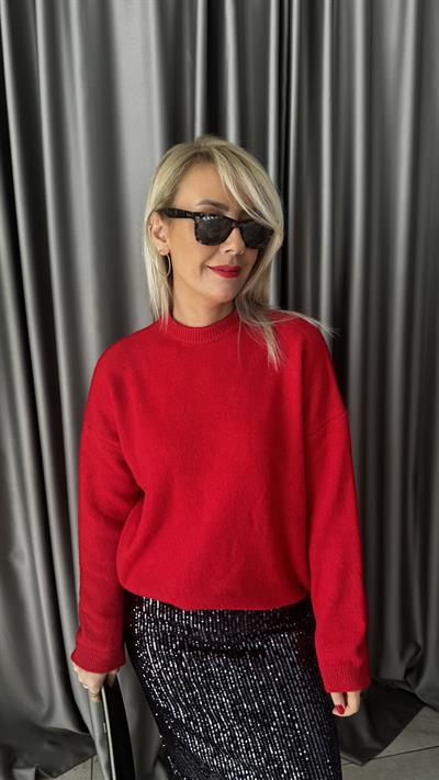 Bisiklet Yaka Yumuşacık Dokulu Kırmızı Triko