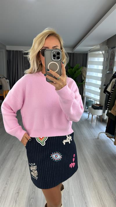 Bisiklet Yaka Yumuşacık Pembe Triko