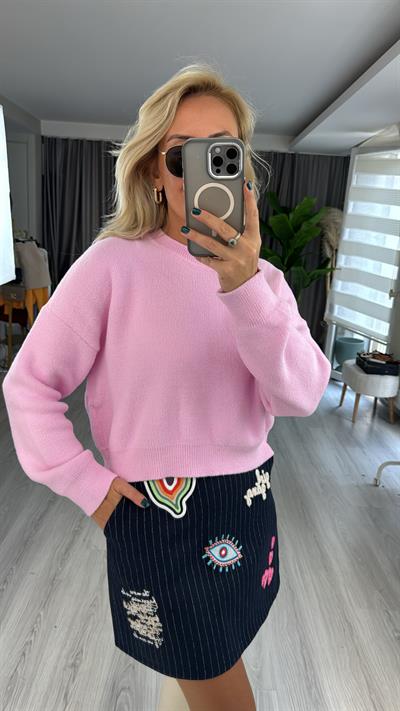 Bisiklet Yaka Yumuşacık Pembe Triko