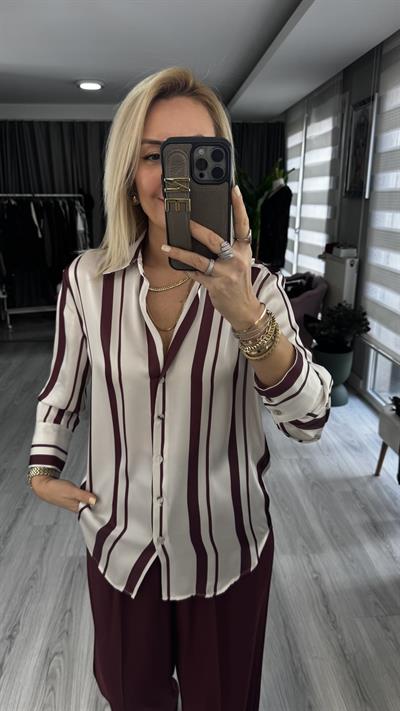 Bordo Çizgili Ekru Saten Gömlek