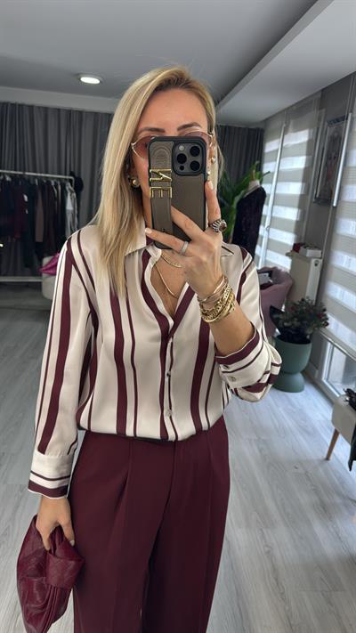 Bordo Çizgili Ekru Saten Gömlek