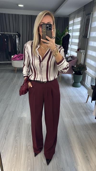 Bordo Çizgili Ekru Saten Gömlek