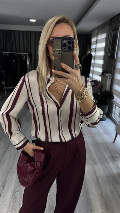 Bordo Çizgili Ekru Saten Gömlek