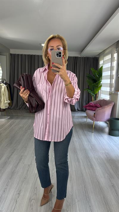Bordo Çizgili Pembe Oversize Gömlek