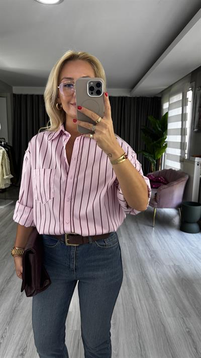 Bordo Çizgili Pembe Oversize Gömlek